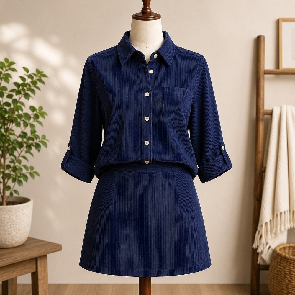 CUPSHE NWOT Corduroy Shirt and Skirt Set M Navy Blue Ribbed 2 Piece Outfit
